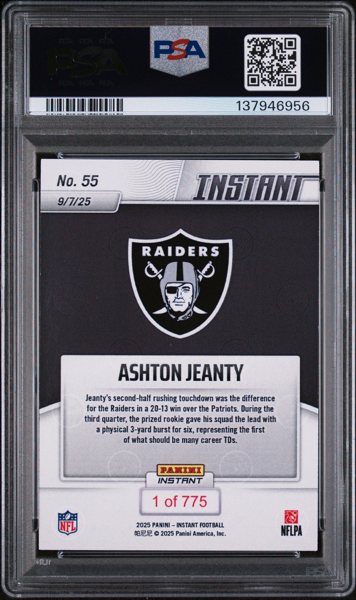 Graded 2025 Panini Instant Ashton Jeanty #55 Rookie RC Football Card PSA 9 Mint