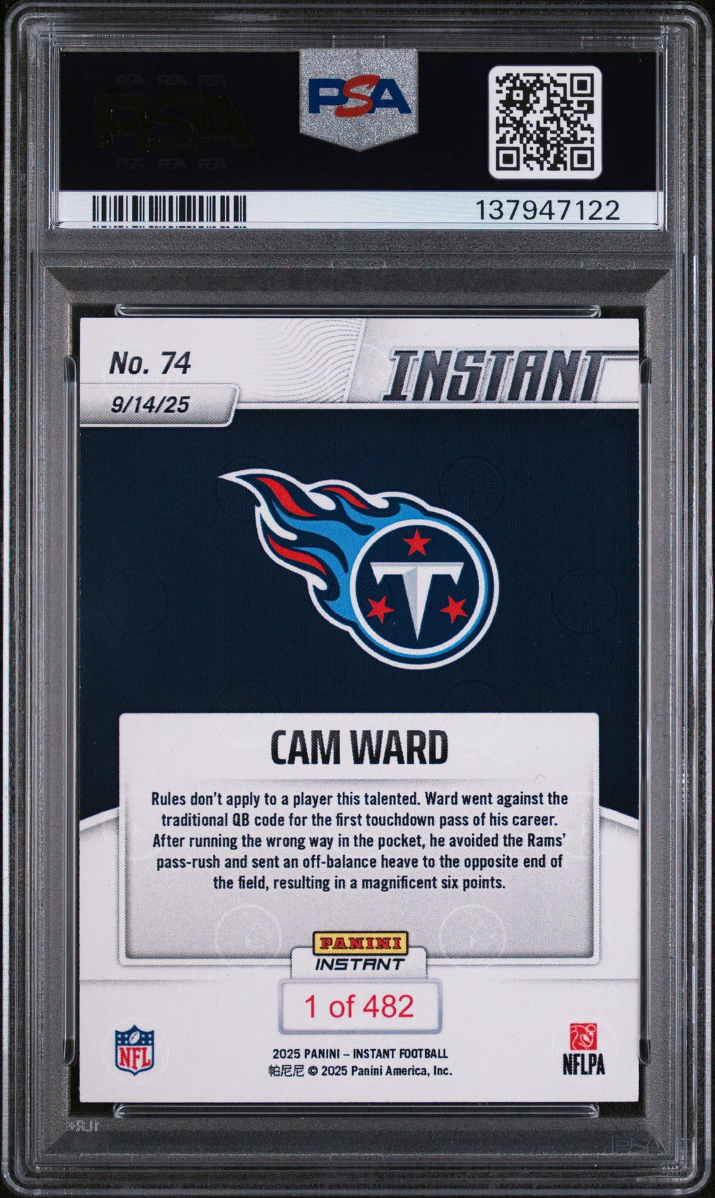 Graded 2025 Panini Instant NFL Cam Ward #74 Rookie RC Football Card PSA 8 Near Mint