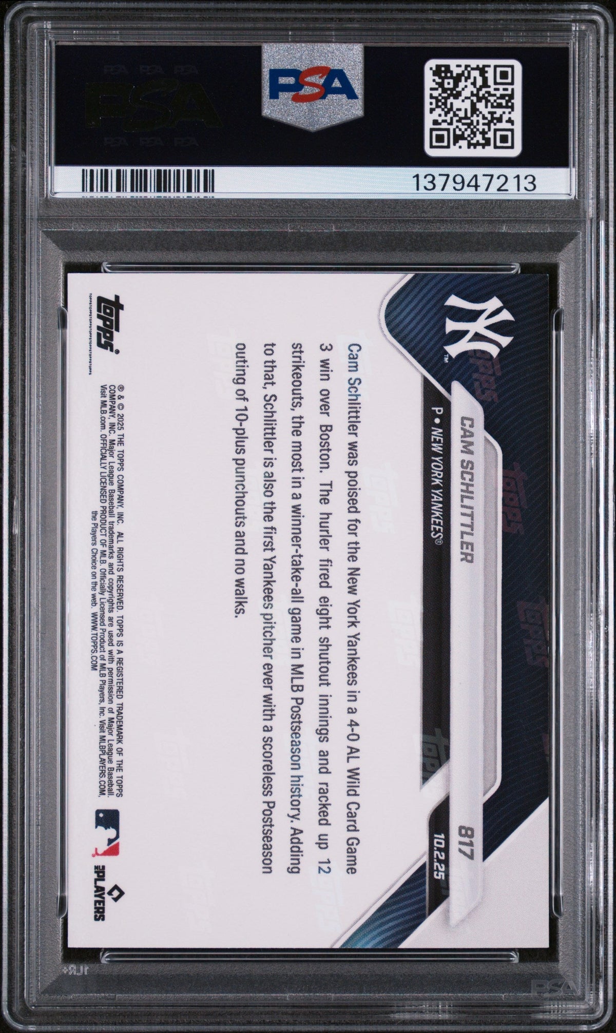 Graded 2025 Topps Now Cam Schlittler #817 Rookie RC Baseball Card PSA 5 Excellent