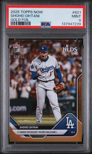 Graded 2025 Topps Now Shohei Ohtani #821 Gold Foil /50 Baseball Card PSA 9 Mint