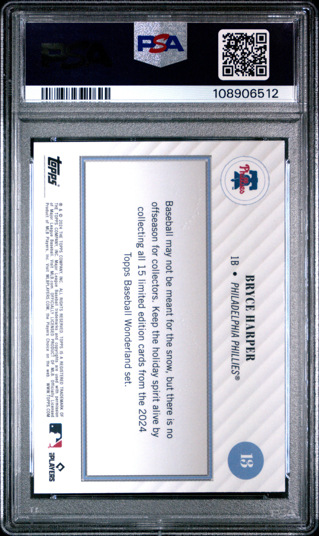 Graded 2024 Topps Wonderland Bryce Harper #13 Baseball Card PSA 8 Near Mint