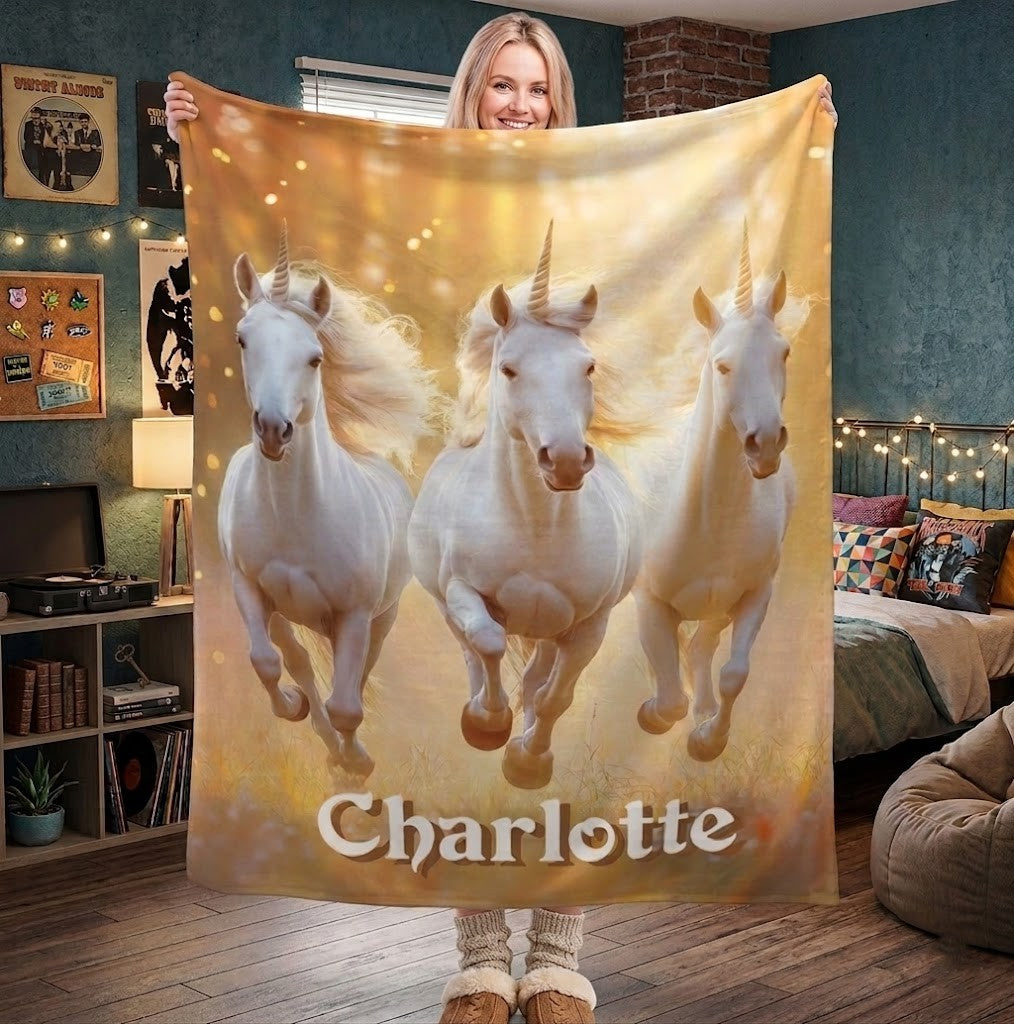 Personalized Unicorn Name Blanket | Three White Horses in Golden Forest