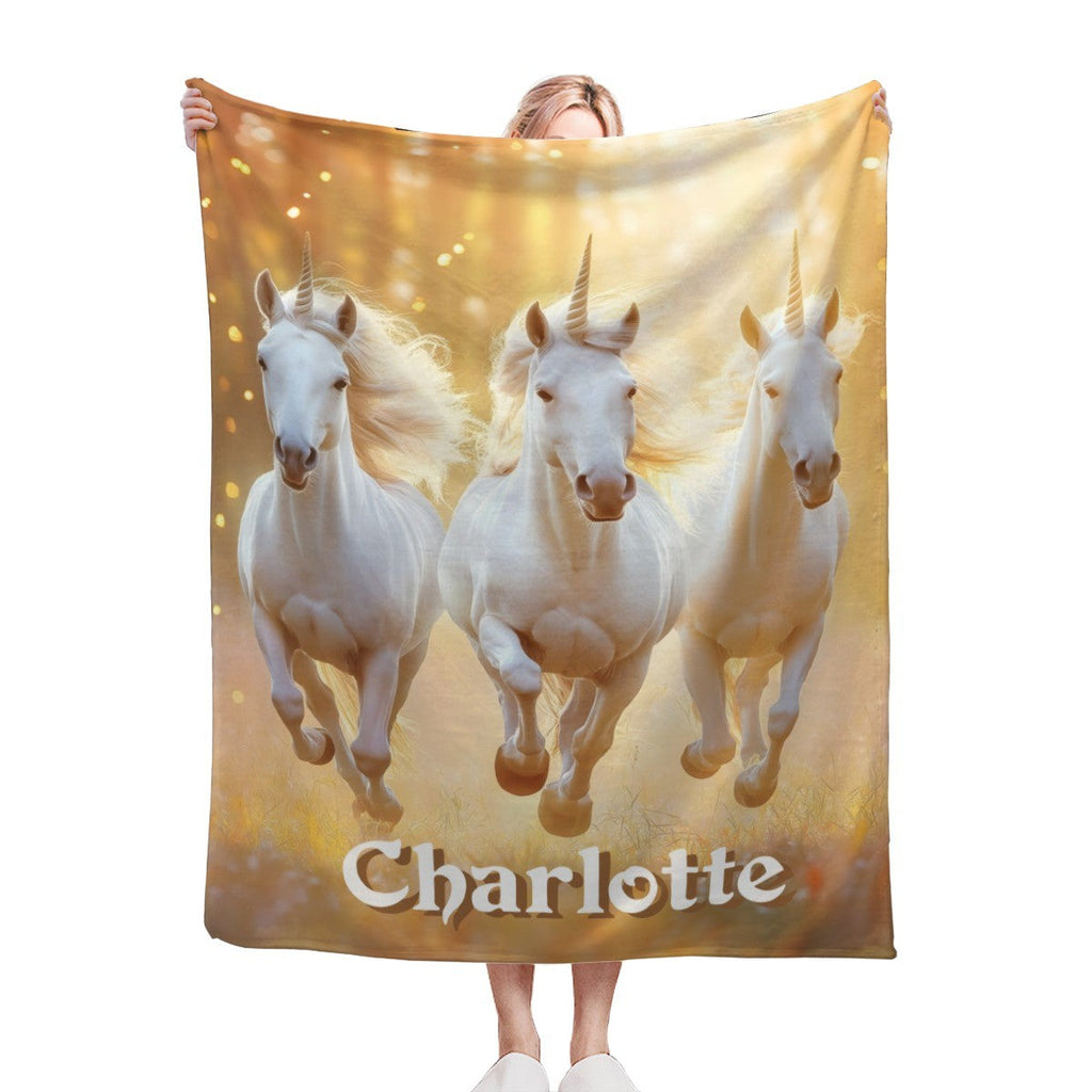 Personalized Unicorn Name Blanket | Three White Horses in Golden Forest