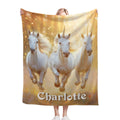 Personalized Unicorn Name Blanket | Three White Horses in Golden Forest