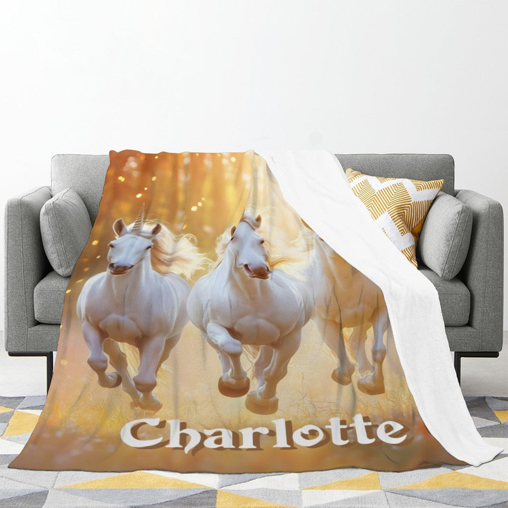 Personalized Unicorn Name Blanket | Three White Horses in Golden Forest