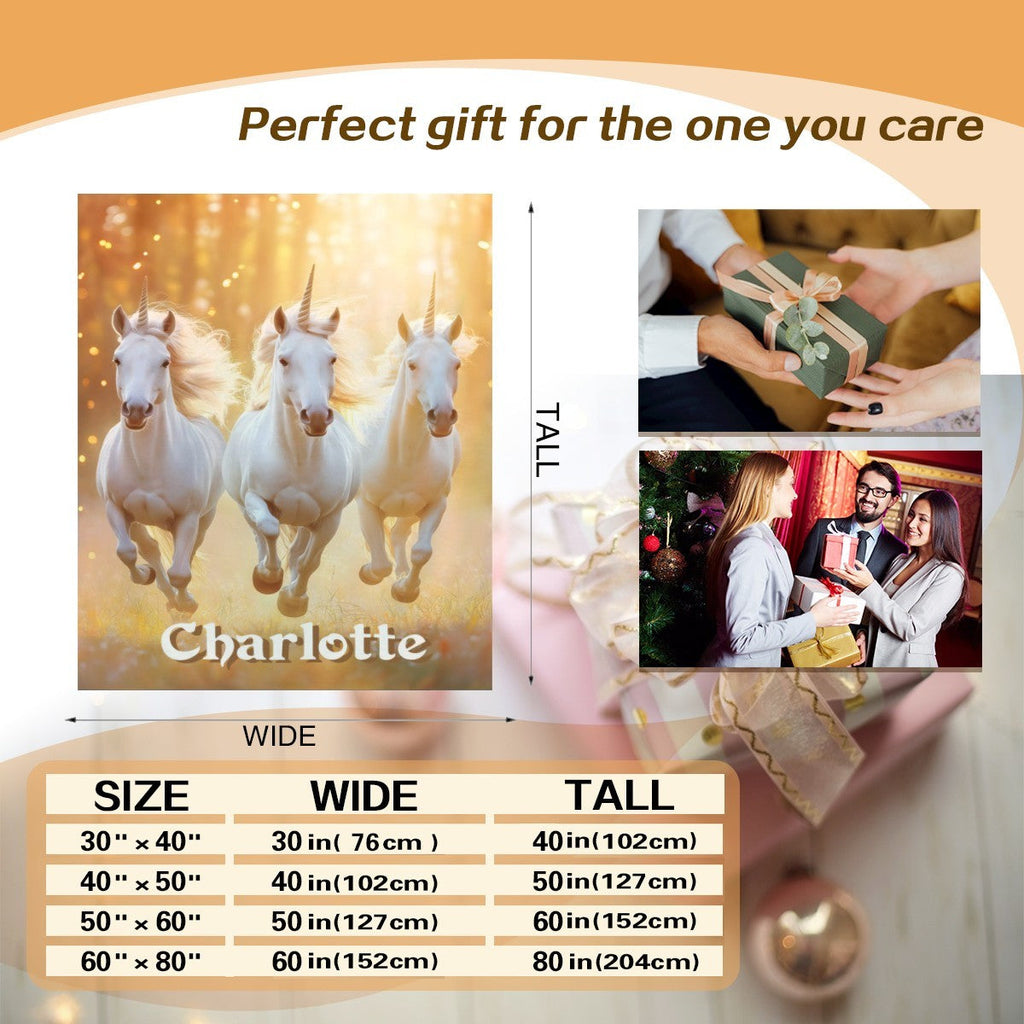 Personalized Unicorn Name Blanket | Three White Horses in Golden Forest