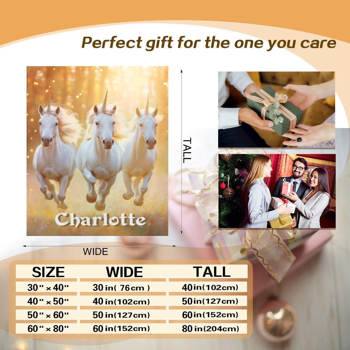 Personalized Unicorn Name Blanket | Three White Horses in Golden Forest