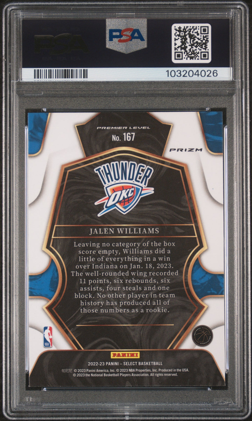 Graded 2022 Panini Select Jalen Williams #167 Blue Cracked Ice Rookie RC Basketball Card PSA 10 Gem Mint