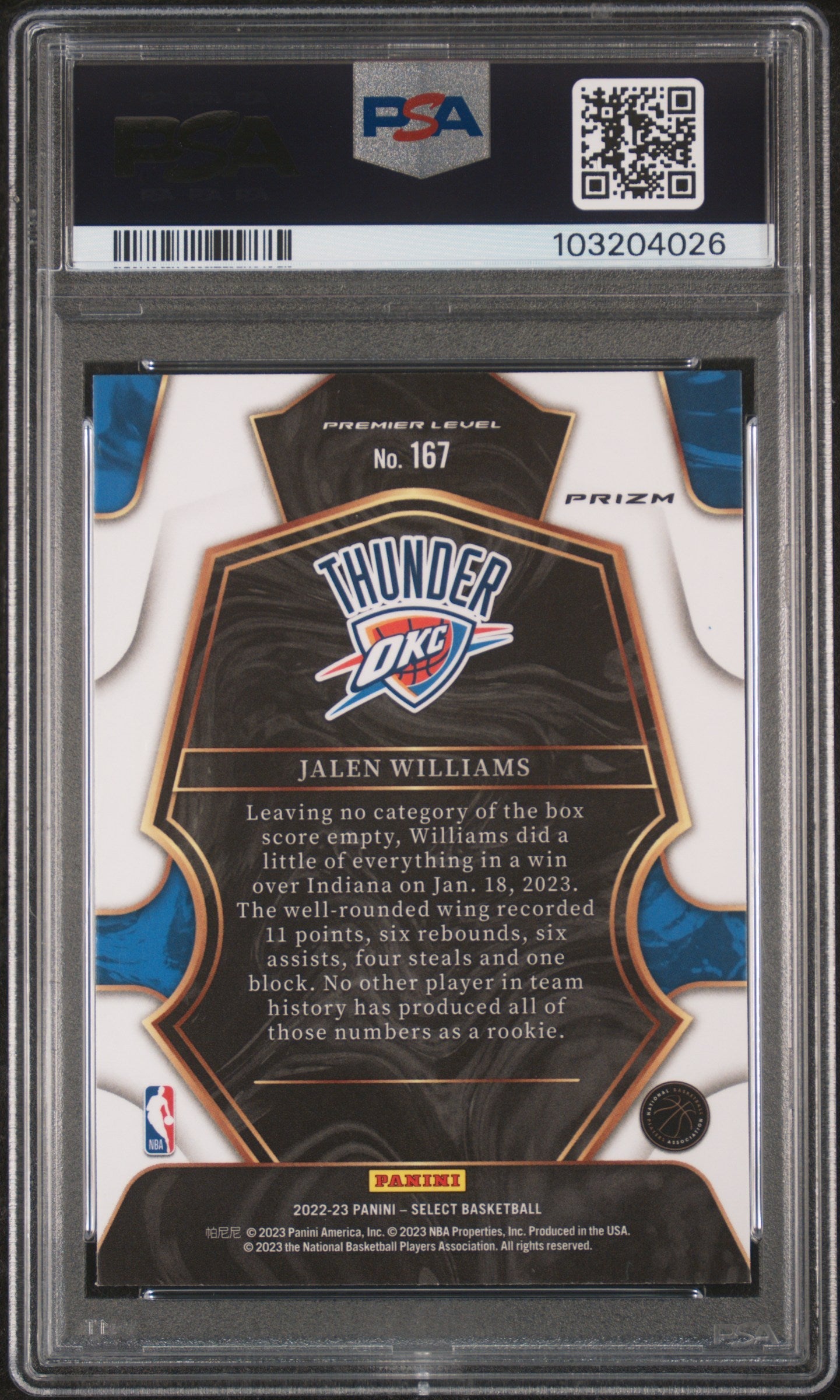 Graded 2022 Panini Select Jalen Williams #167 Blue Cracked Ice Rookie RC Basketball Card PSA 10 Gem Mint