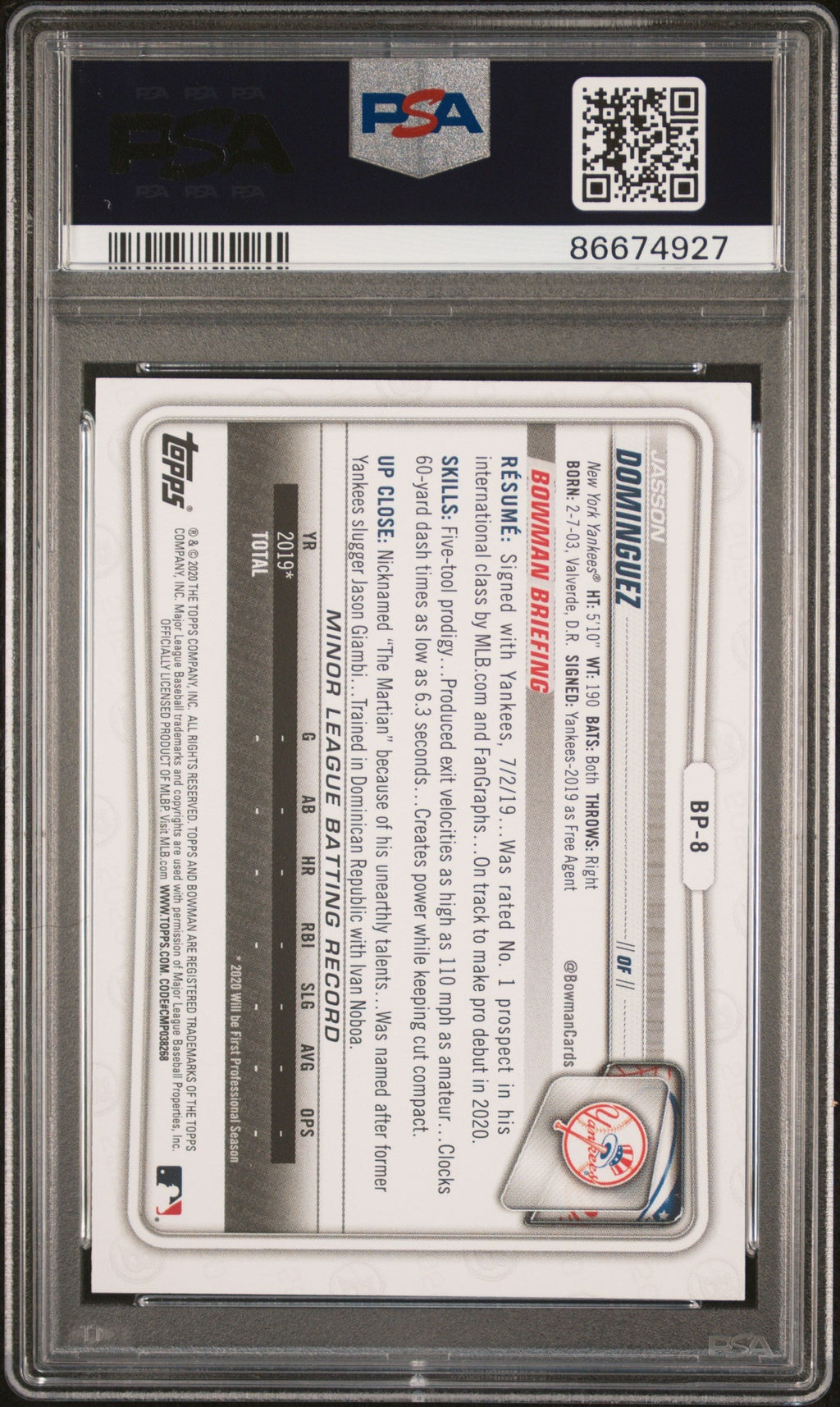 Graded 2020 Bowman Paper Prospects Jasson Dominguez #BP8 Rookie RC Baseball Card PSA 8 Near Mint