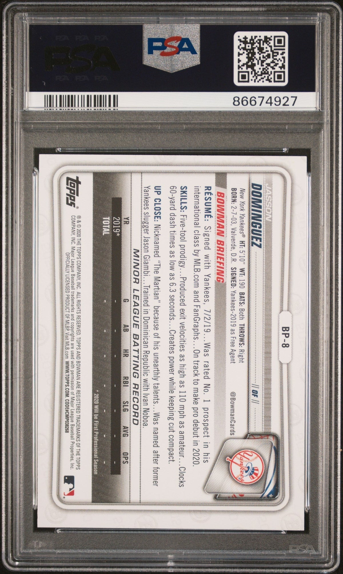 Graded 2020 Bowman Paper Prospects Jasson Dominguez #BP8 Rookie RC Baseball Card PSA 8 Near Mint