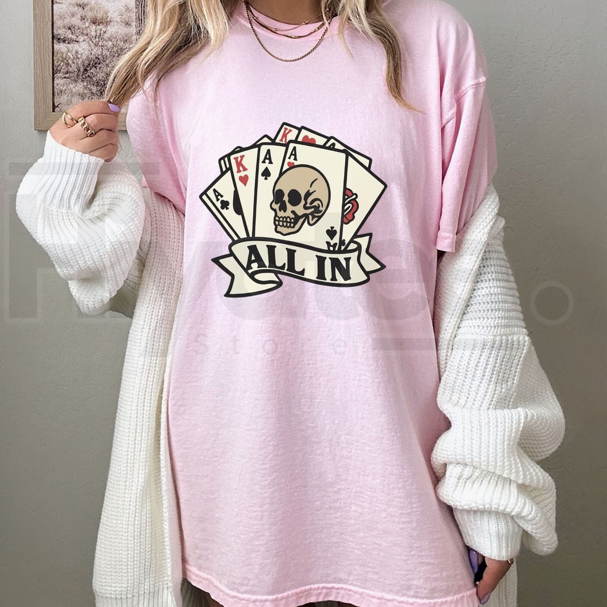 Vintage Tattoo ALL IN Poker Skull T-Shirt – Retro Gambler Streetwear Graphic Tee