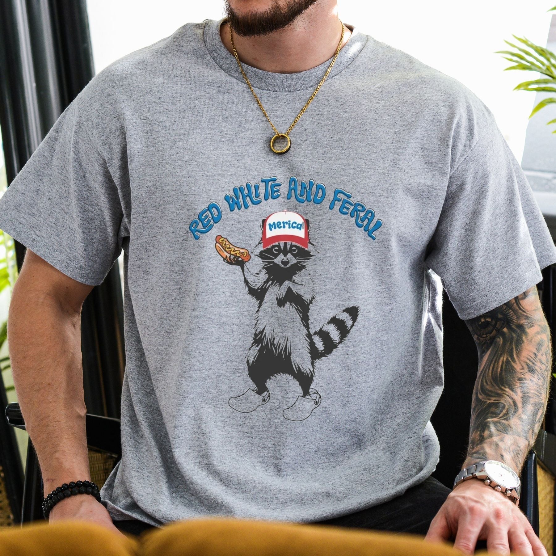 USA Feral Raccoon T-Shirt – Funny Patriotic Red White & Blue Graphic Tee, Unisex Cotton Shirt