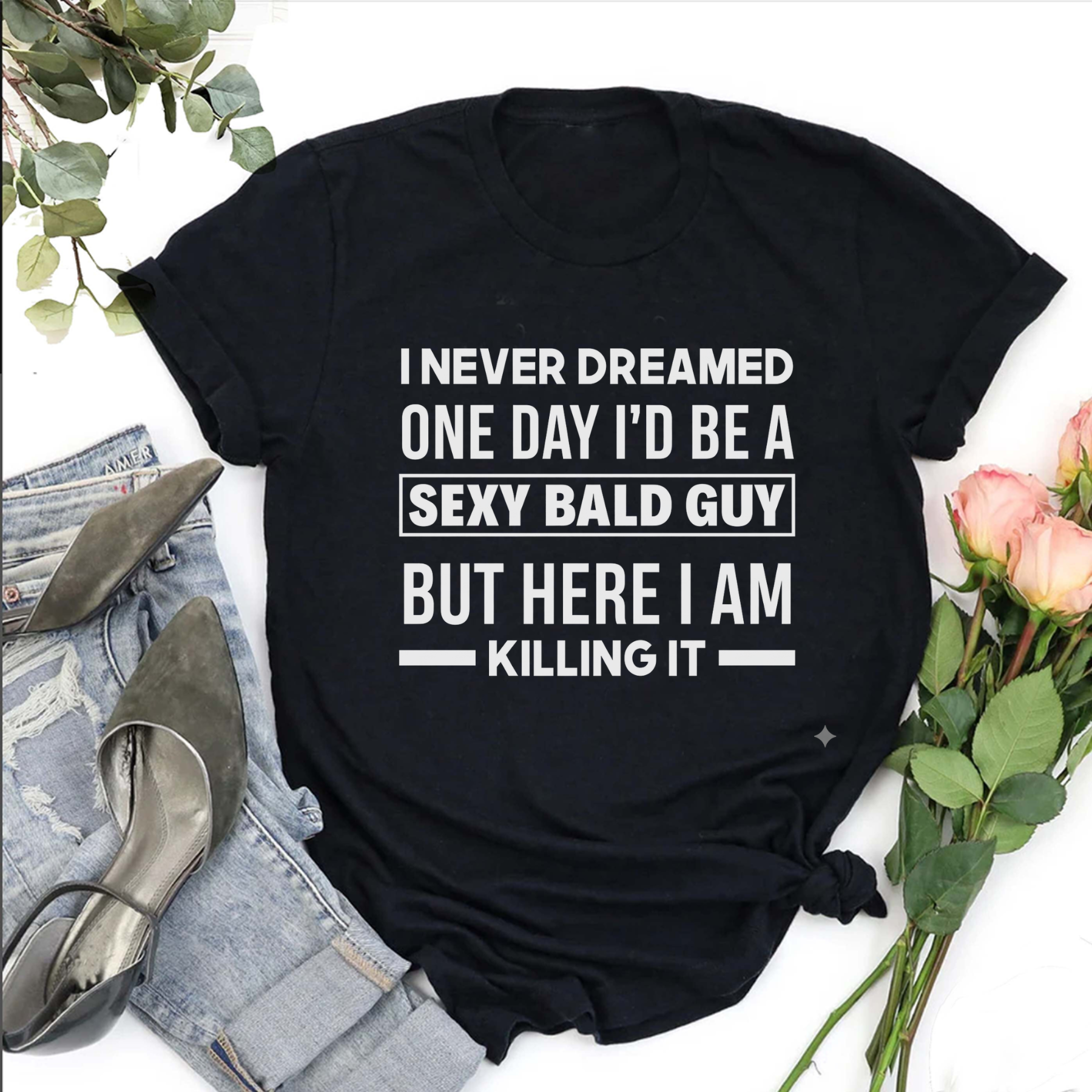"Sexy Bald Guy" Black T-Shirt – Minimalist Bald Humor Graphic Shirt