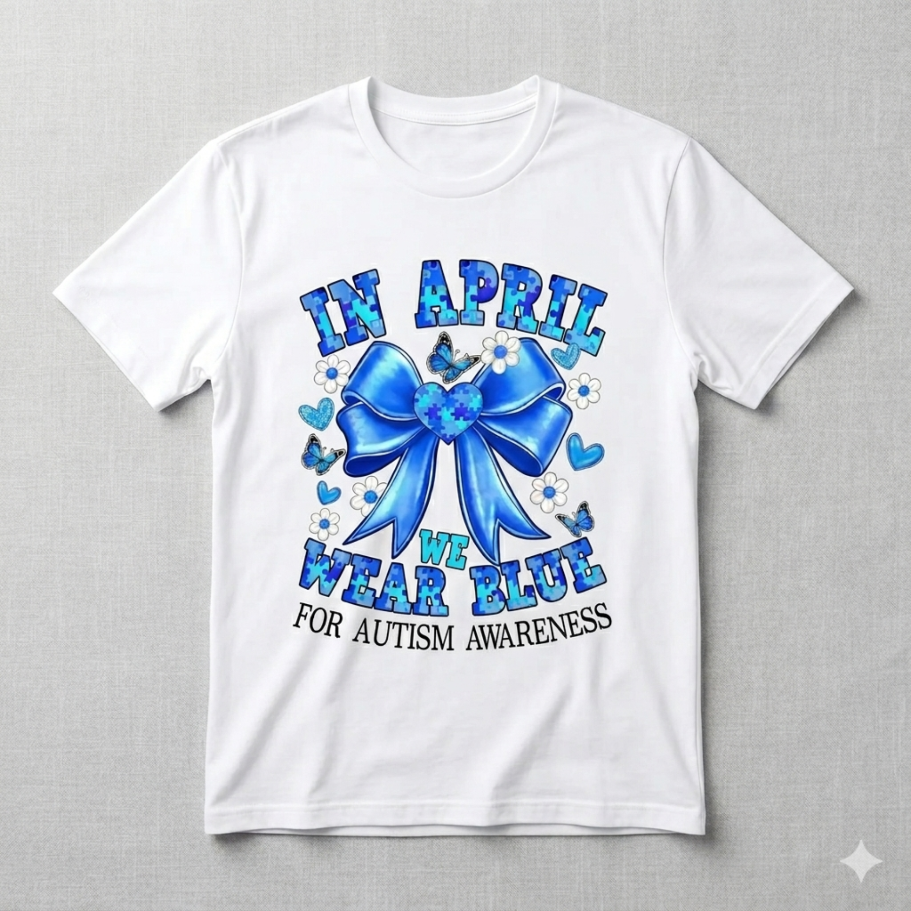 Sweet Coquette Bow Autism Awareness Tee – "In April We Wear Blue" Aesthetic Shirt