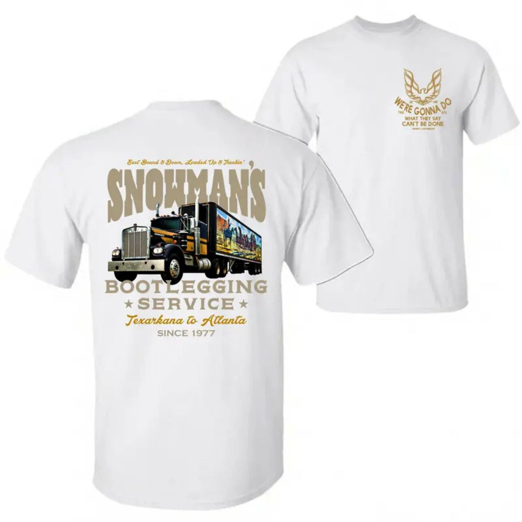 Snowman's Bootlegging Service T-Shirt – Smokey and the Bandit Truck Graphic Tee, Retro 70s Movie Icon Top, Made in USA