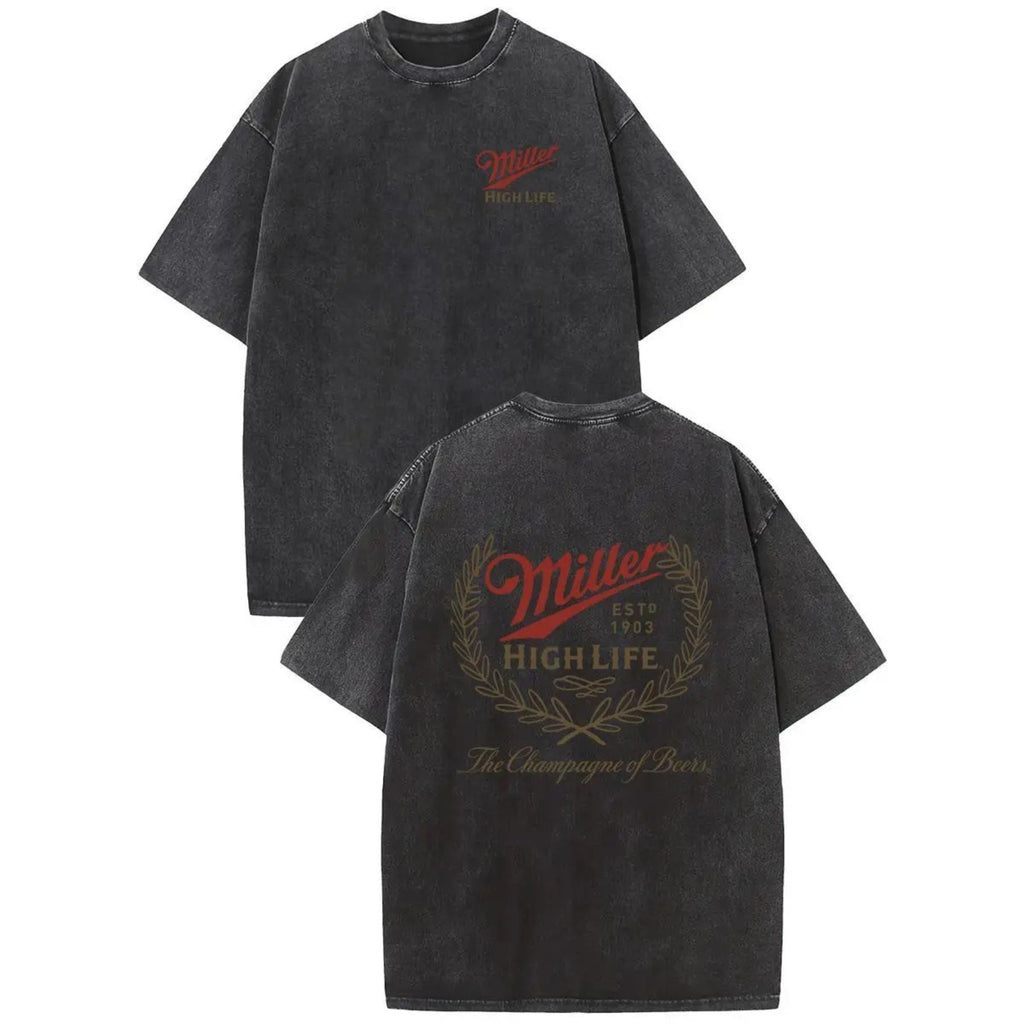 Holafish Miller High Life Acid Wash T-Shirt – Champagne of Beers Double-Sided Graphic Tee, Retro Lightweight Cotton Streetwear