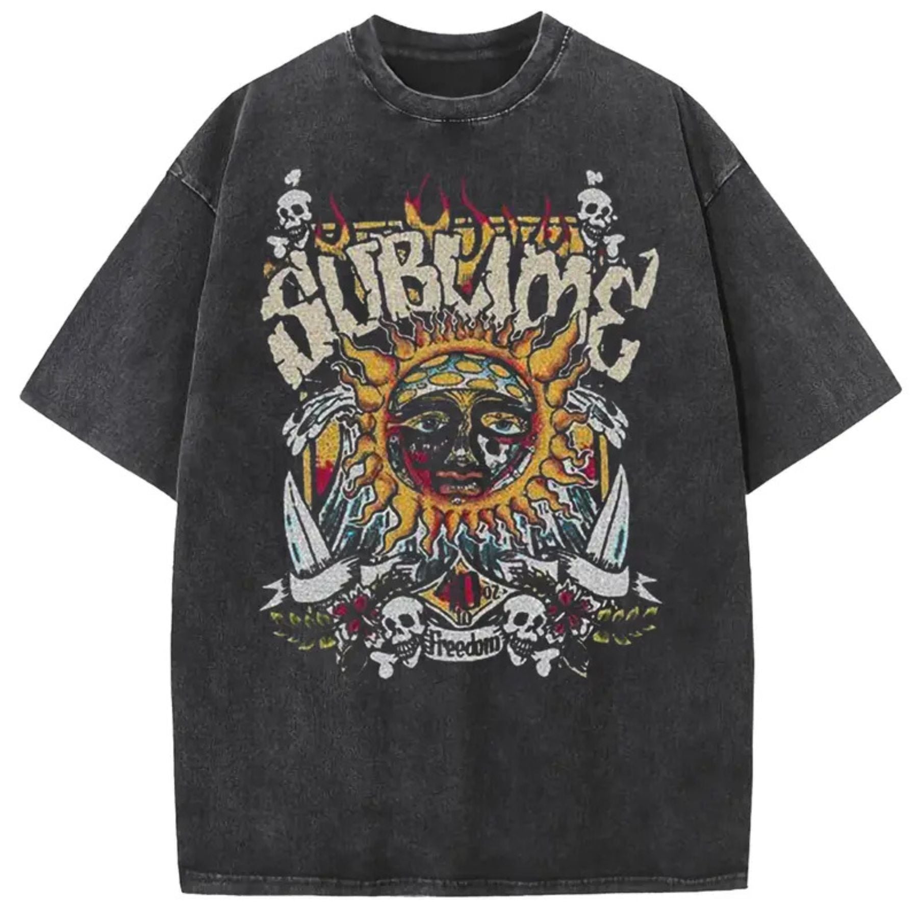Sun Pattern Acid Washed T-Shirt – Oversized Unisex Vintage Graphic Tee