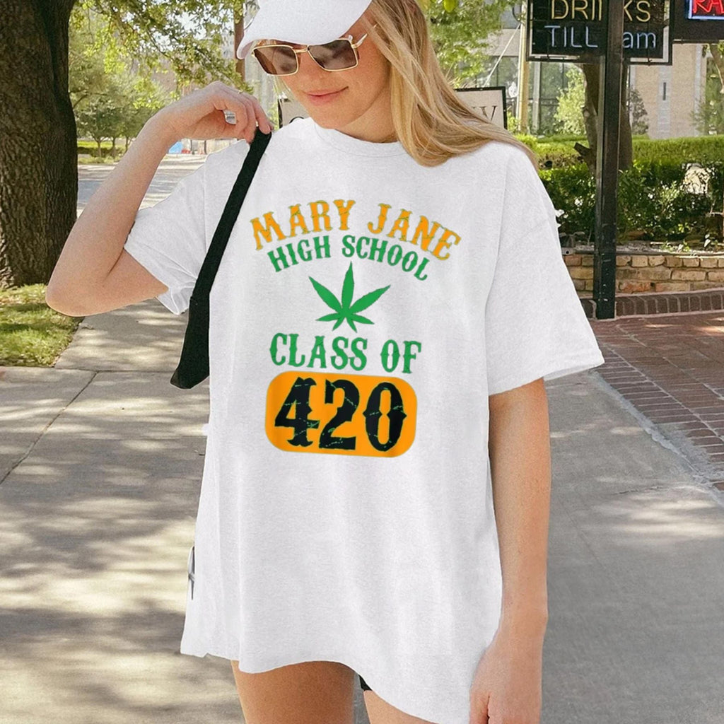 "Mary Jane High School Class of 420" T-Shirt – Retro Collegiate Stoner Graphic Tee, Premium 100% Cotton Herbal Humor Top, Made in USA