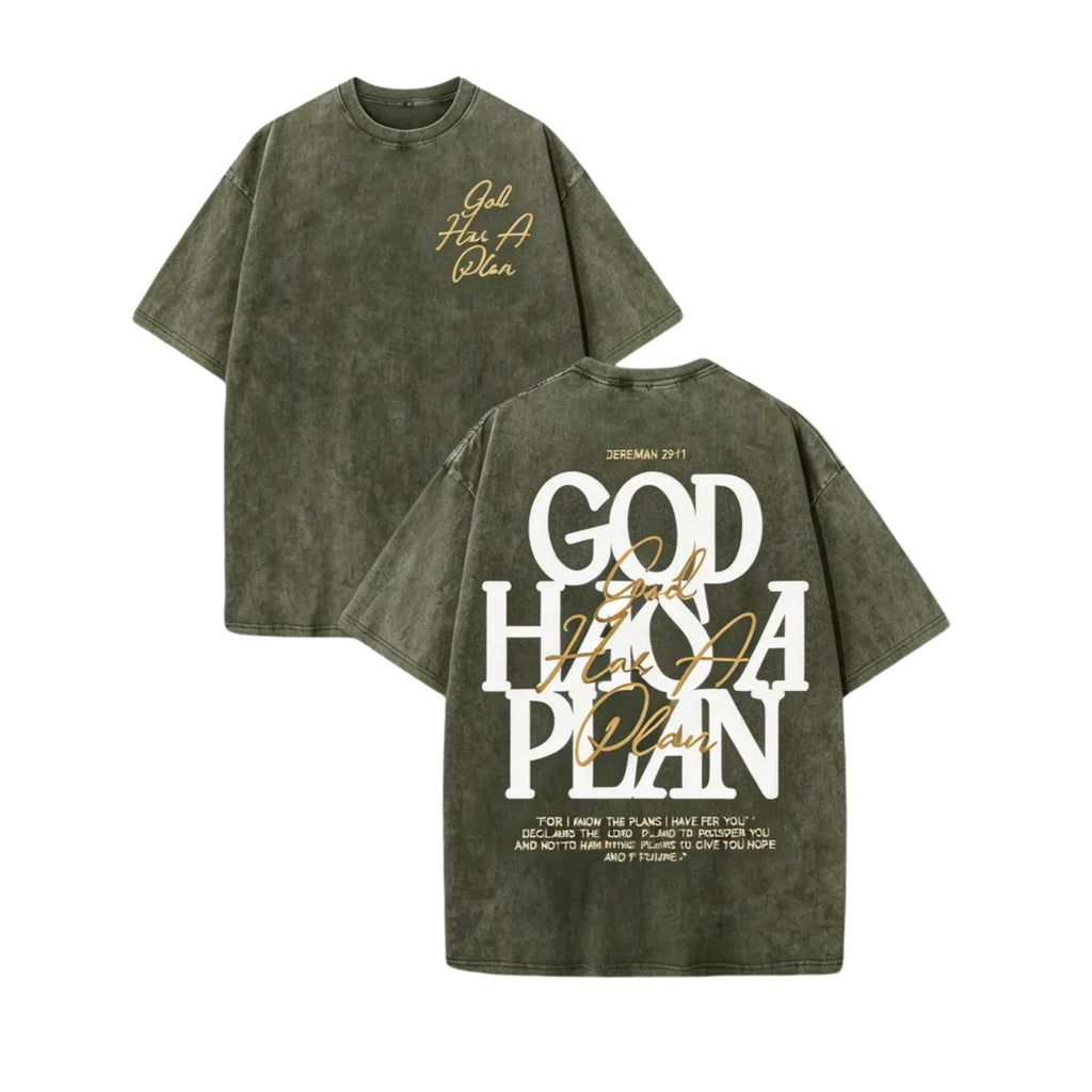 “God Has a Plan” Vintage Washed T-Shirt – 230gsm Heavyweight Double-Sided Christian Graphic Tee