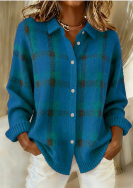 European And American Cross-Border Amazon Independent Station Women's Casual Loose Autumn And Winter Plaid Long-Sleeved Lapel Shirt Sweater Cardigan