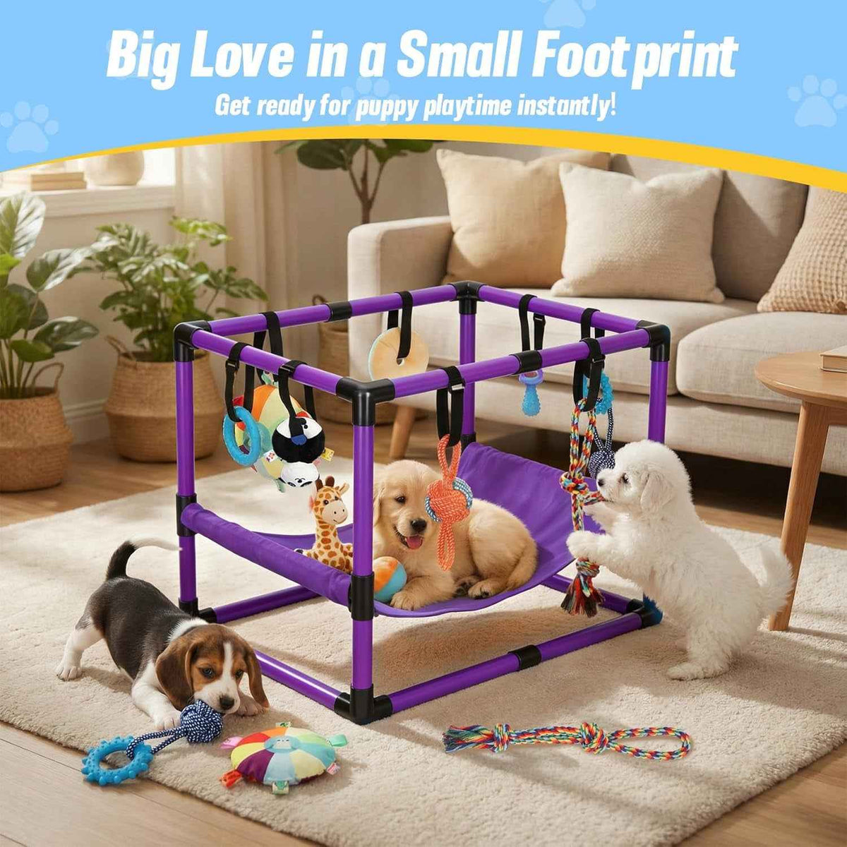 Indoor Puppy Play Gym with Hammock 8 Toys Dog Activity Center