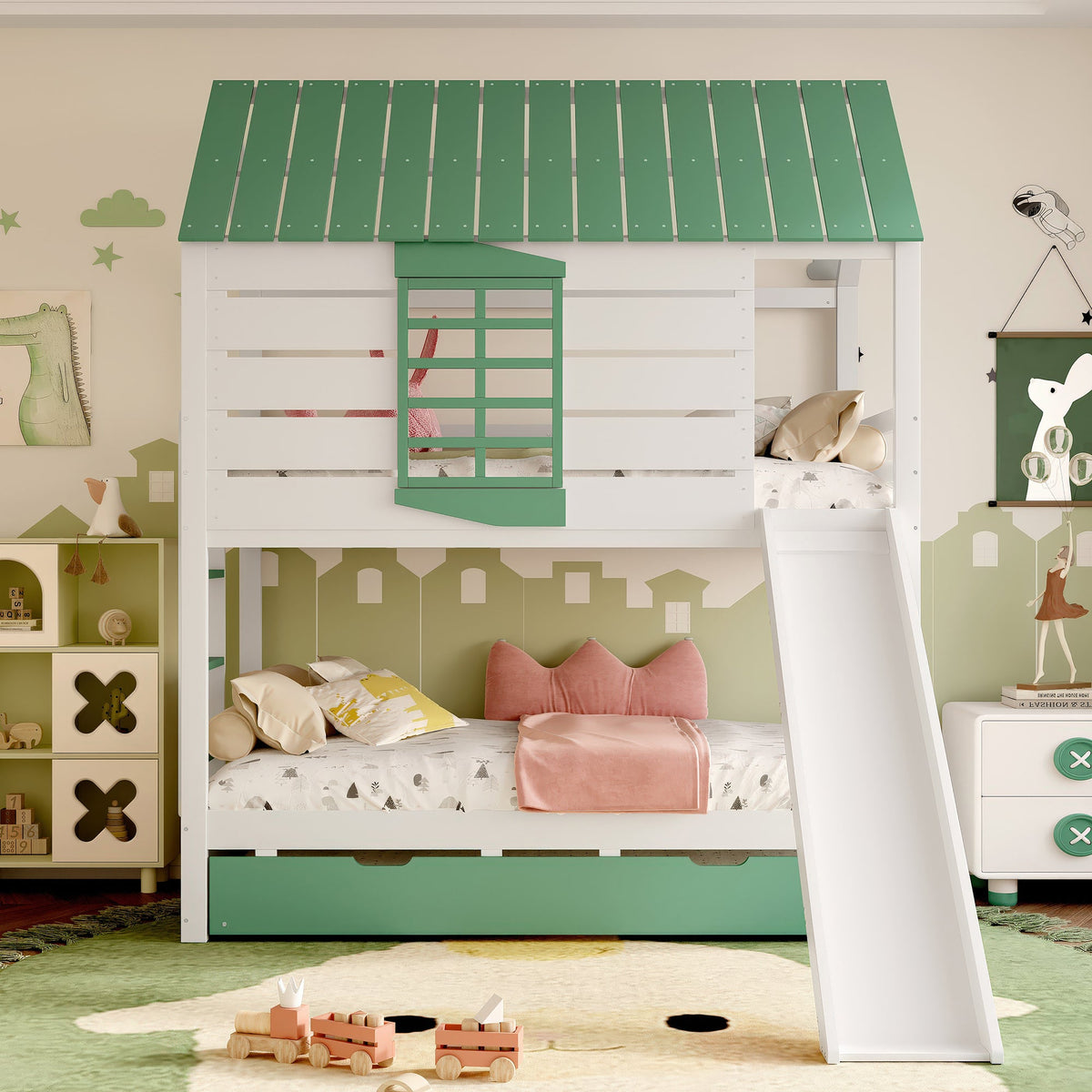 Woodland House Bed with Slide & Trundle