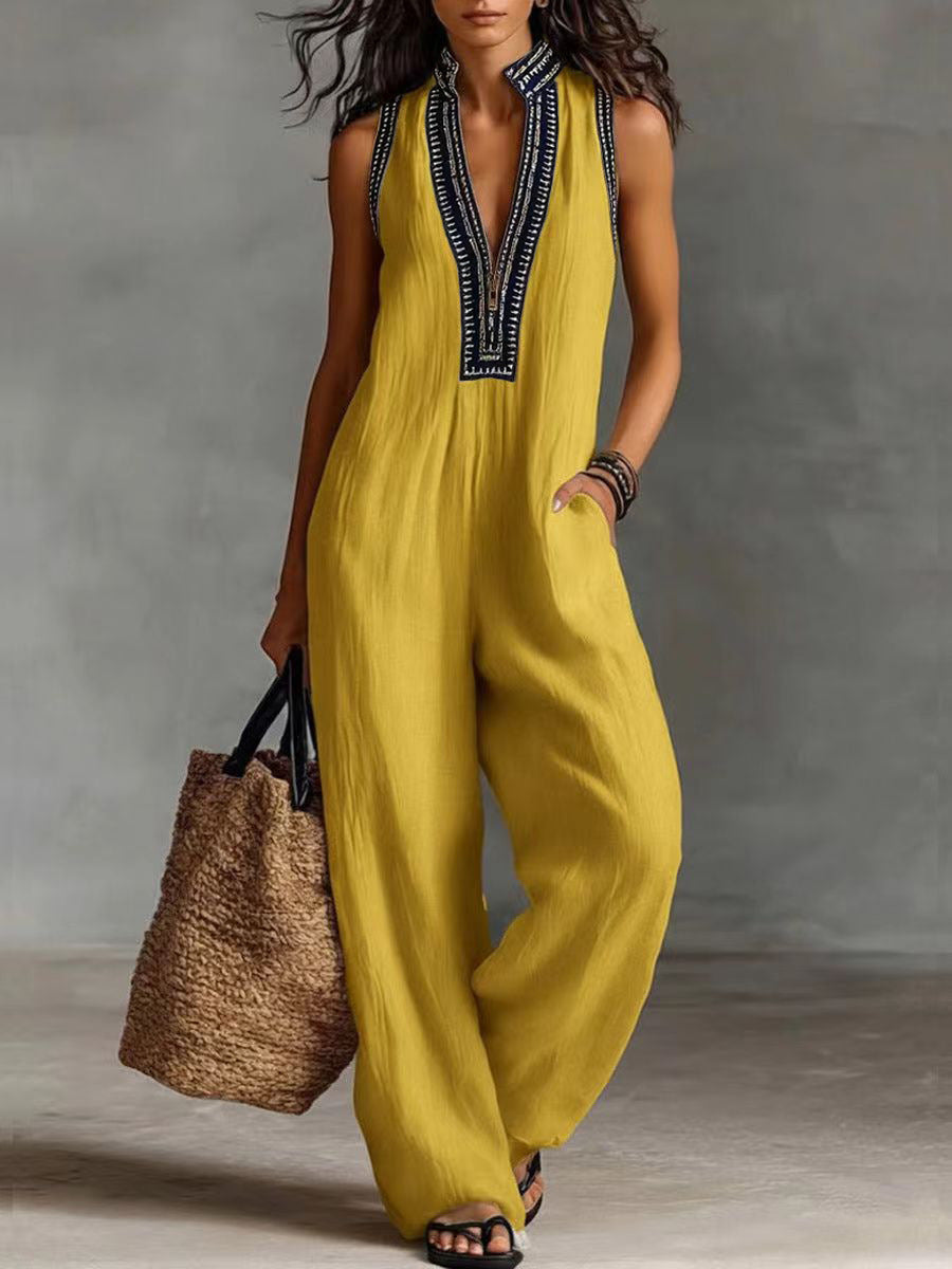 2026 European And American Cross-Border Women's Simple Linen Blend Sleeveless Jumpsuit With Zipper And Stand Collar