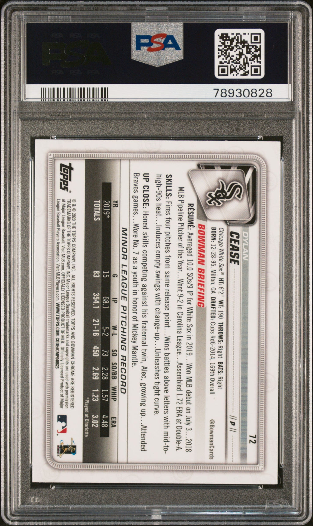 Graded 2020 Topps Bowman Chrome Dylan Cease #72 Rookie RC Baseball Card PSA 10 Gem Mint