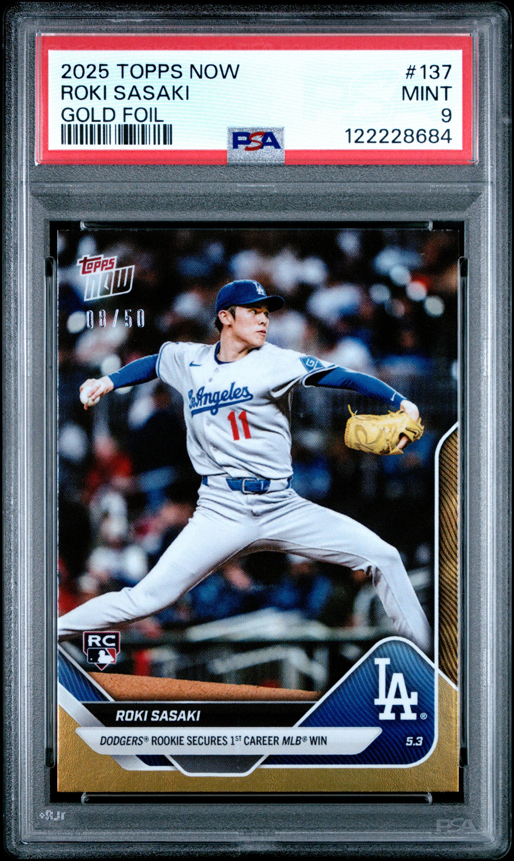 Graded 2025 Topps Now Roki Sasaki #137 Gold Foil /50 Rookie RC Baseball Card PSA 9 Mint