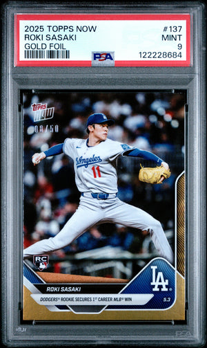 Graded 2025 Topps Now Roki Sasaki #137 Gold Foil /50 Rookie RC Baseball Card PSA 9 Mint