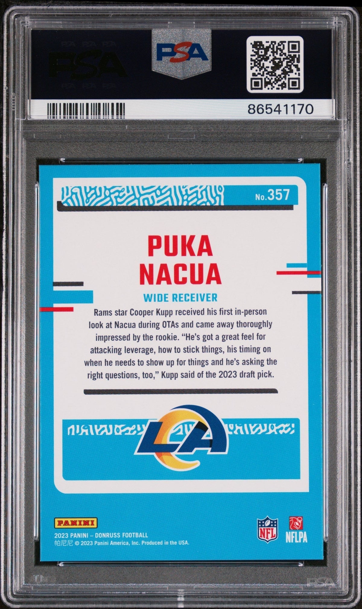 Graded 2023 Panini Donruss Rated Rookie Puka Nacua #357 Rookie RC Football Card PSA 9 Mint