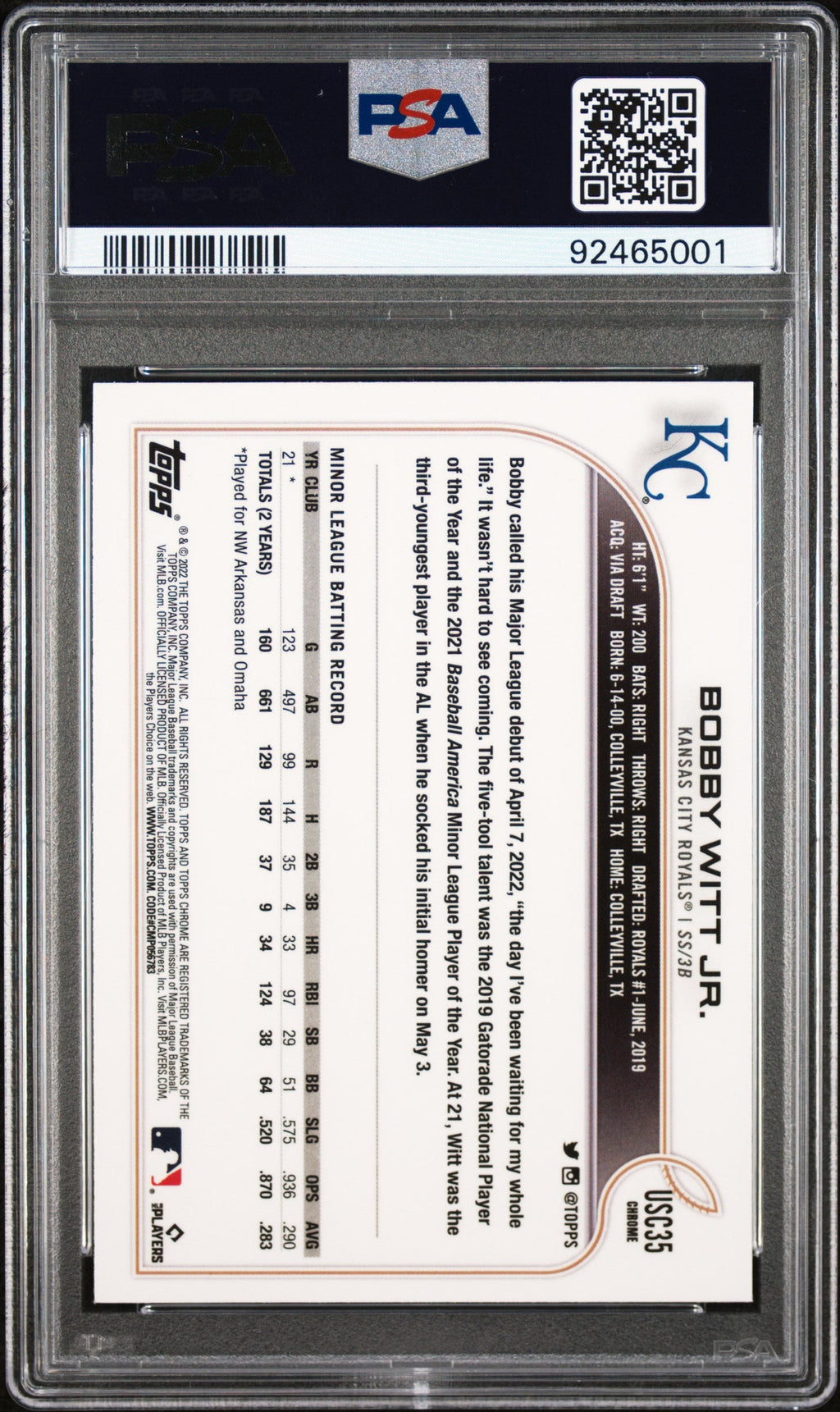 Graded 2022 Topps Chrome Update Bobby Witt Jr. #USC35 Rookie RC Baseball Card PSA 9 Mint