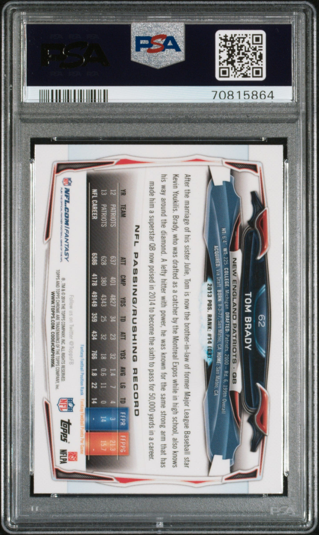 Graded 2014 Topps Chrome Tom Brady #62 Blue Jersey Football Card PSA 9 Mint