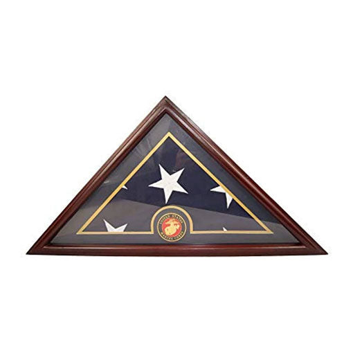 Flags Connections - Marine Flag Display Case Box, 5x9 Burial - Funeral - Veteran Elegant Wood Display Case with Flat Base.