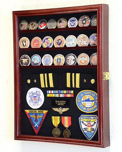 Challenge Coin/Medals/Pins/Badges/Ribbons/Insignia/Buttons Chips Combo Display Case Box Cabinet (Cherry Finish)