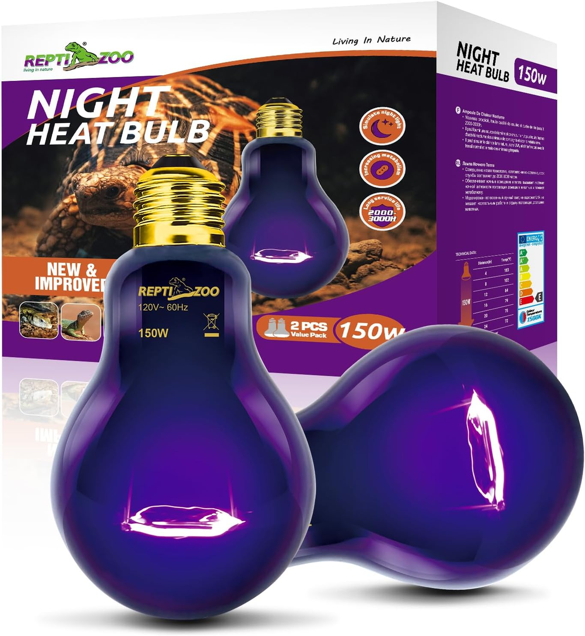 Reptile Infrared Night Heat Bulb, E26, 50W & 150W, 2 Pack