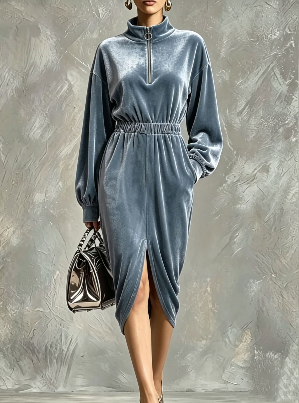 Women's Fashion Velvet Zip-front Waist-cinching Long-sleeve Dress
