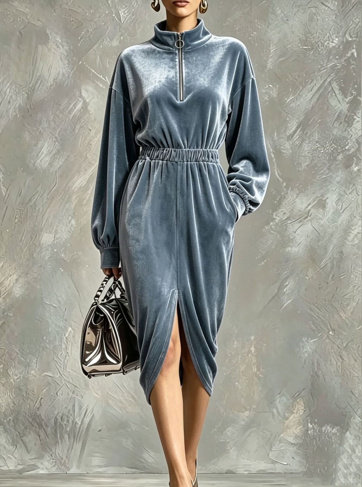 Women's Fashion Velvet Zip-front Waist-cinching Long-sleeve Dress