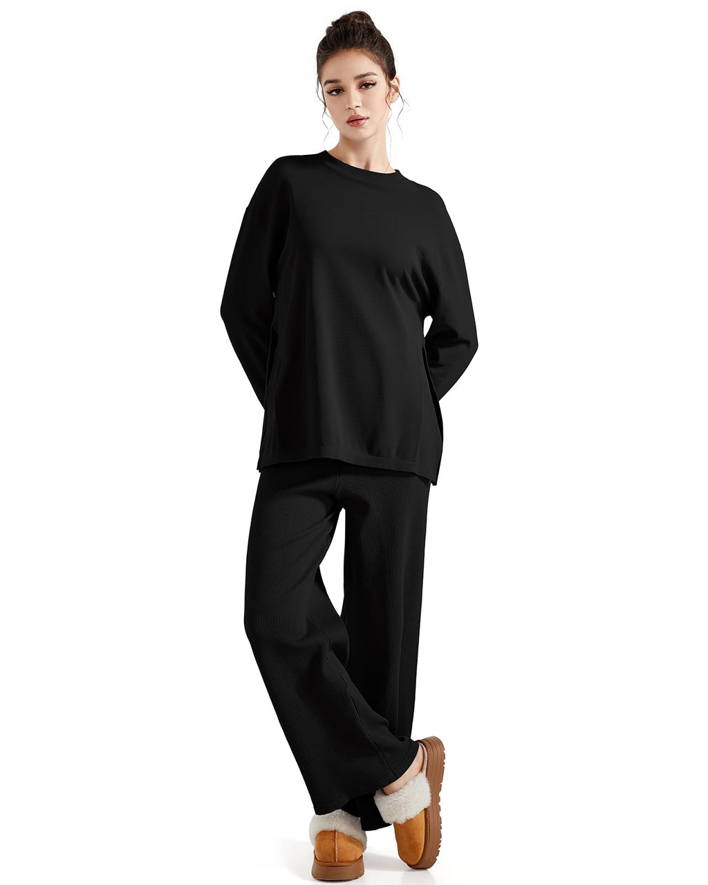 SUUKSESS Women Lounge 2PC Pajama Set Long Sleeve Top Wide Leg Pants Black M