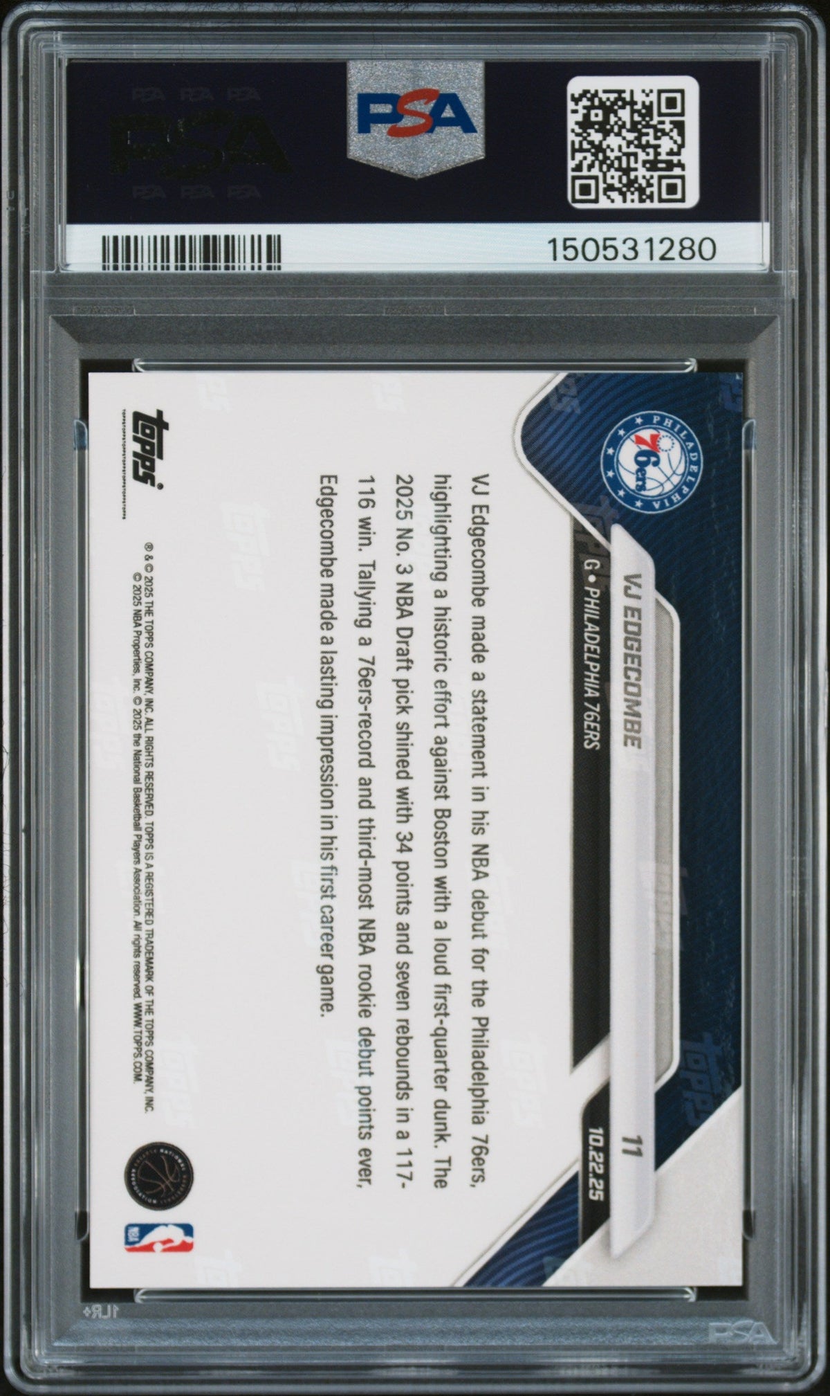 Graded 2025 Topps Now VJ Edgecombe #11 Rookie RC Basketball Card PSA 9 Mint