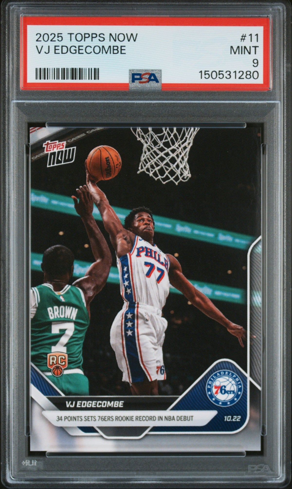 Graded 2025 Topps Now VJ Edgecombe #11 Rookie RC Basketball Card PSA 9 Mint