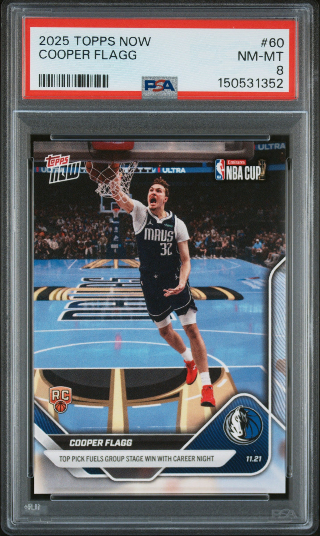 Graded 2025 Topps Now Cooper Flagg #60 Rookie RC Basketball Card PSA 8 Near Mint