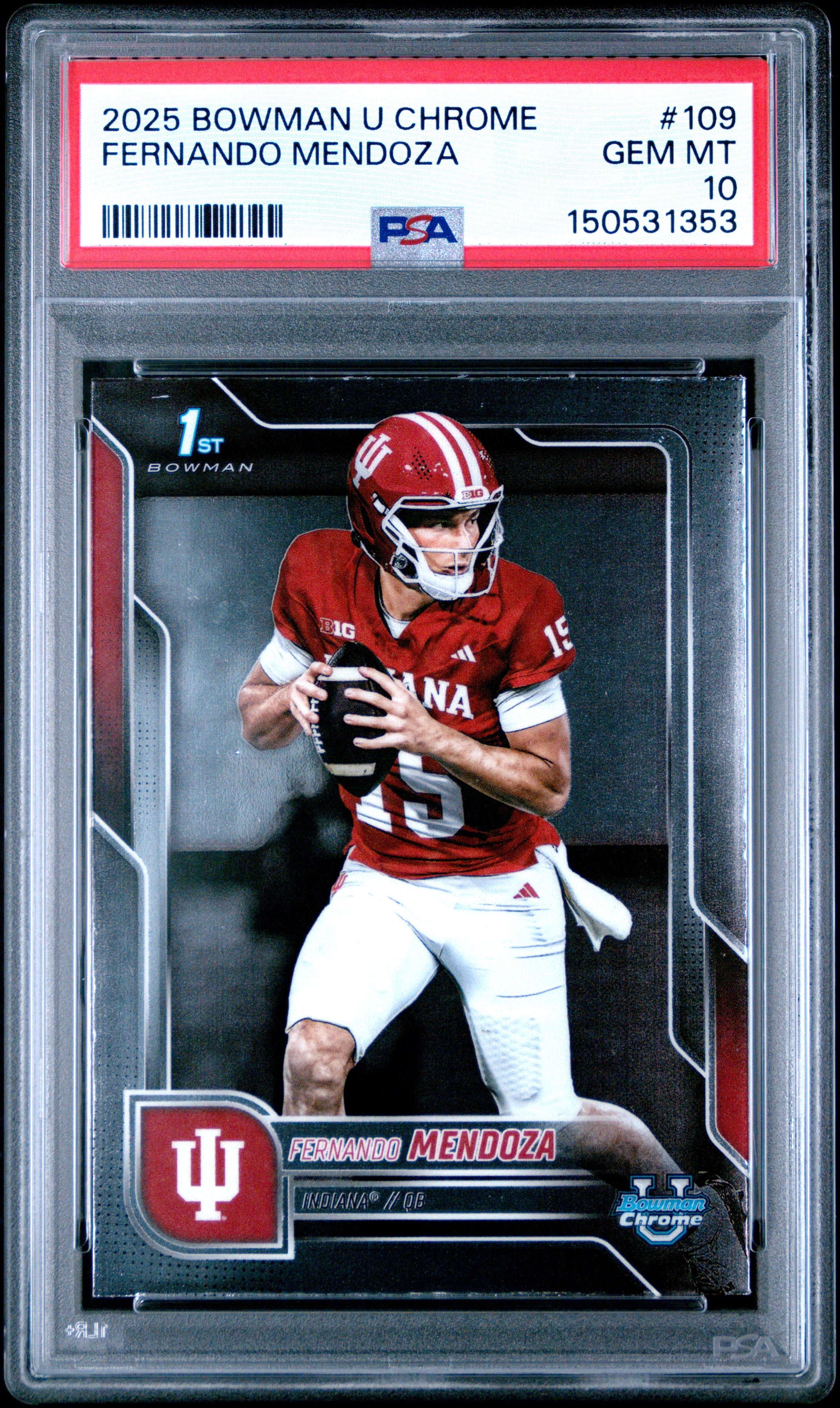 Graded 2025 Topps Bowman University Chrome Fernando Mendoza #109 Rookie RC Football Card PSA 10 Gem Mint