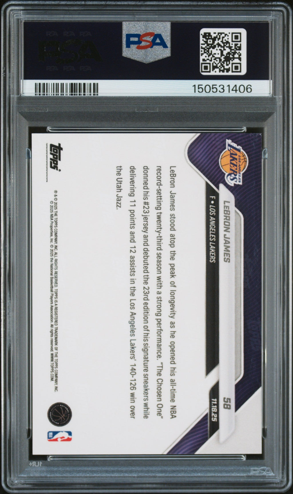 Graded 2025 Topps Now LeBron James #58 Basketball Card PSA 9 Mint