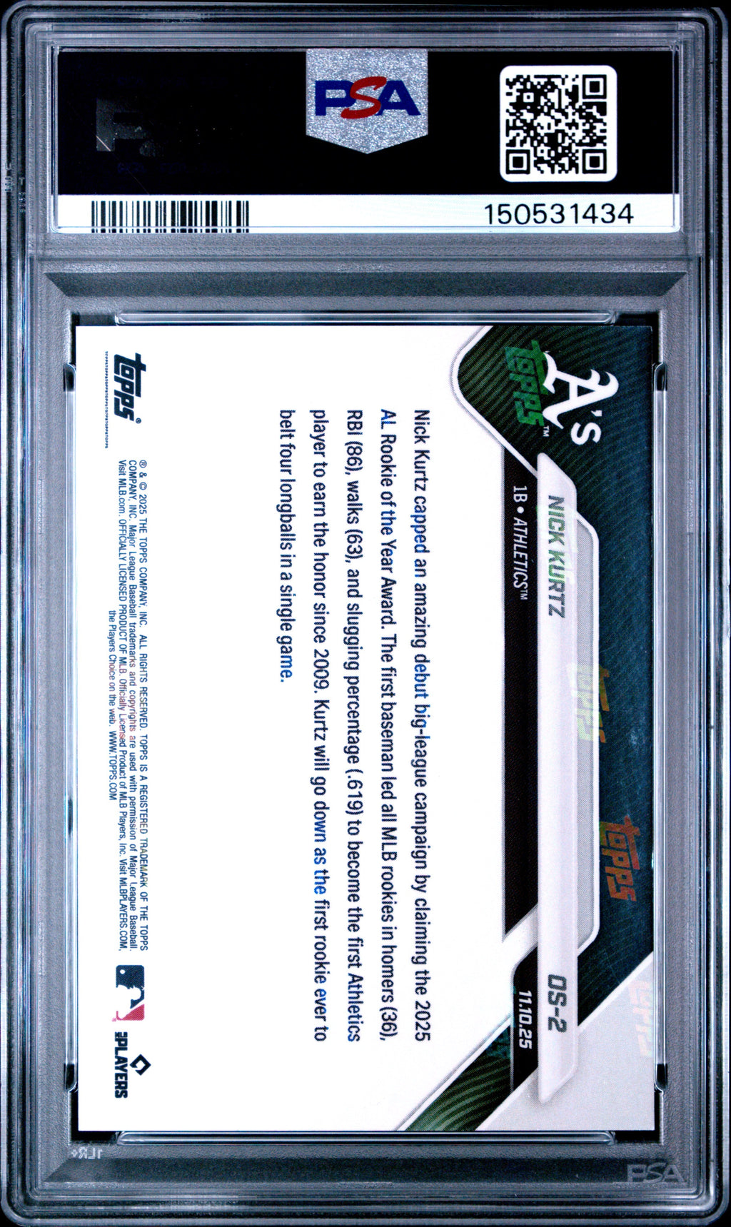 Graded 2025 Topps Now Nick Kurtz #OS2 Offseason Gold Foil /50 Rookie RC Baseball Card PSA 10 Gem Mint