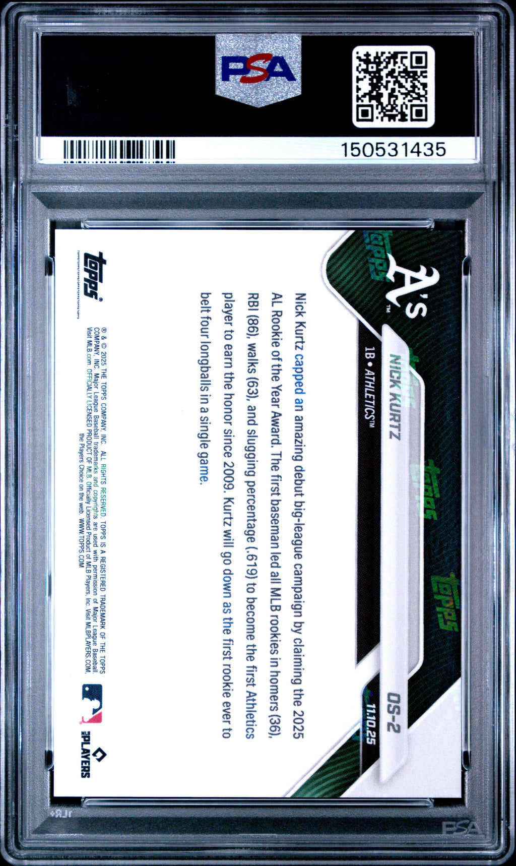 Graded 2025 Topps Now Nick Kurtz #OS2 Offseason Rookie RC Baseball Card PSA 10 Gem Mint