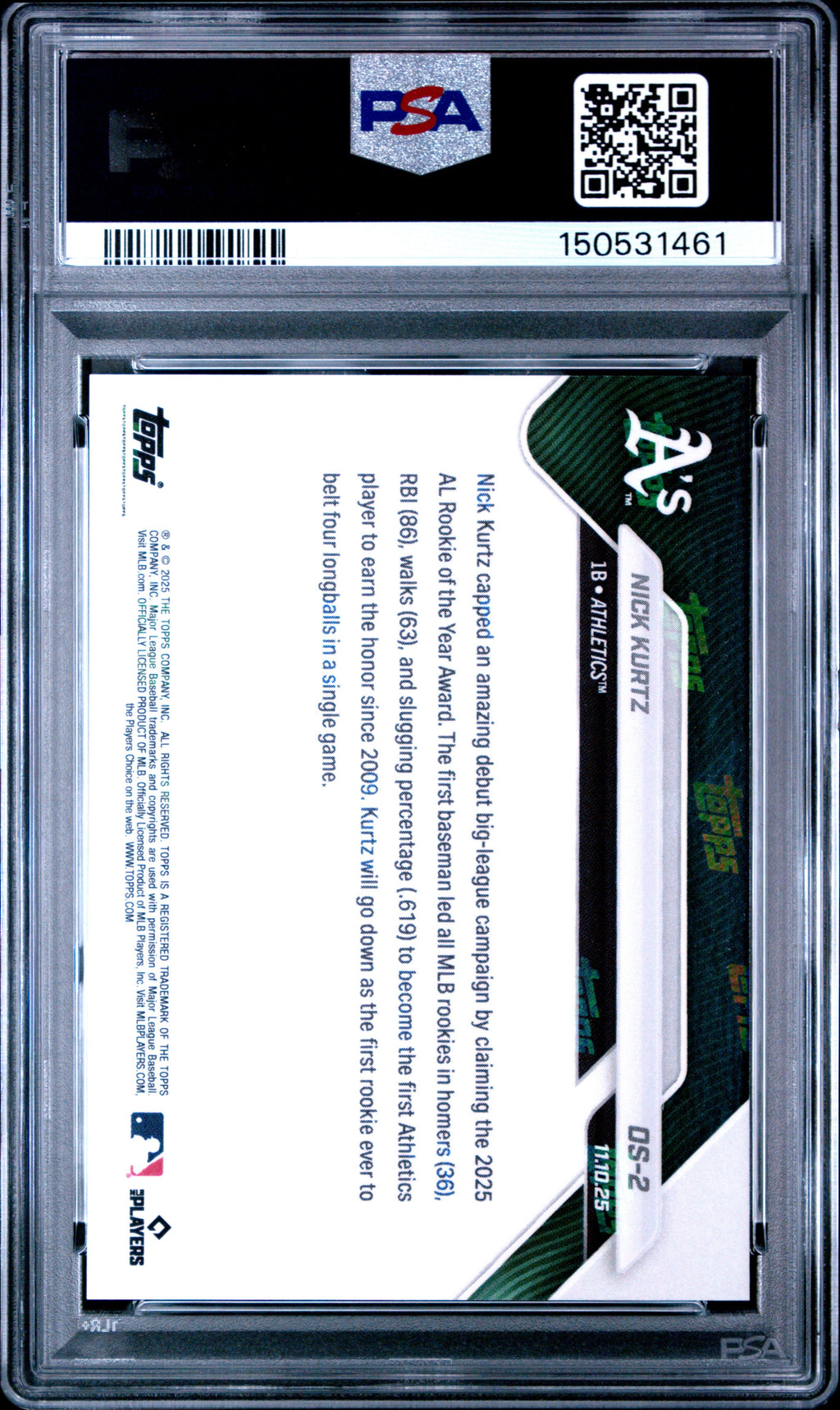 Graded 2025 Topps Now Nick Kurtz #OS2 Offseason Rookie RC Baseball Card PSA 8 Near Mint