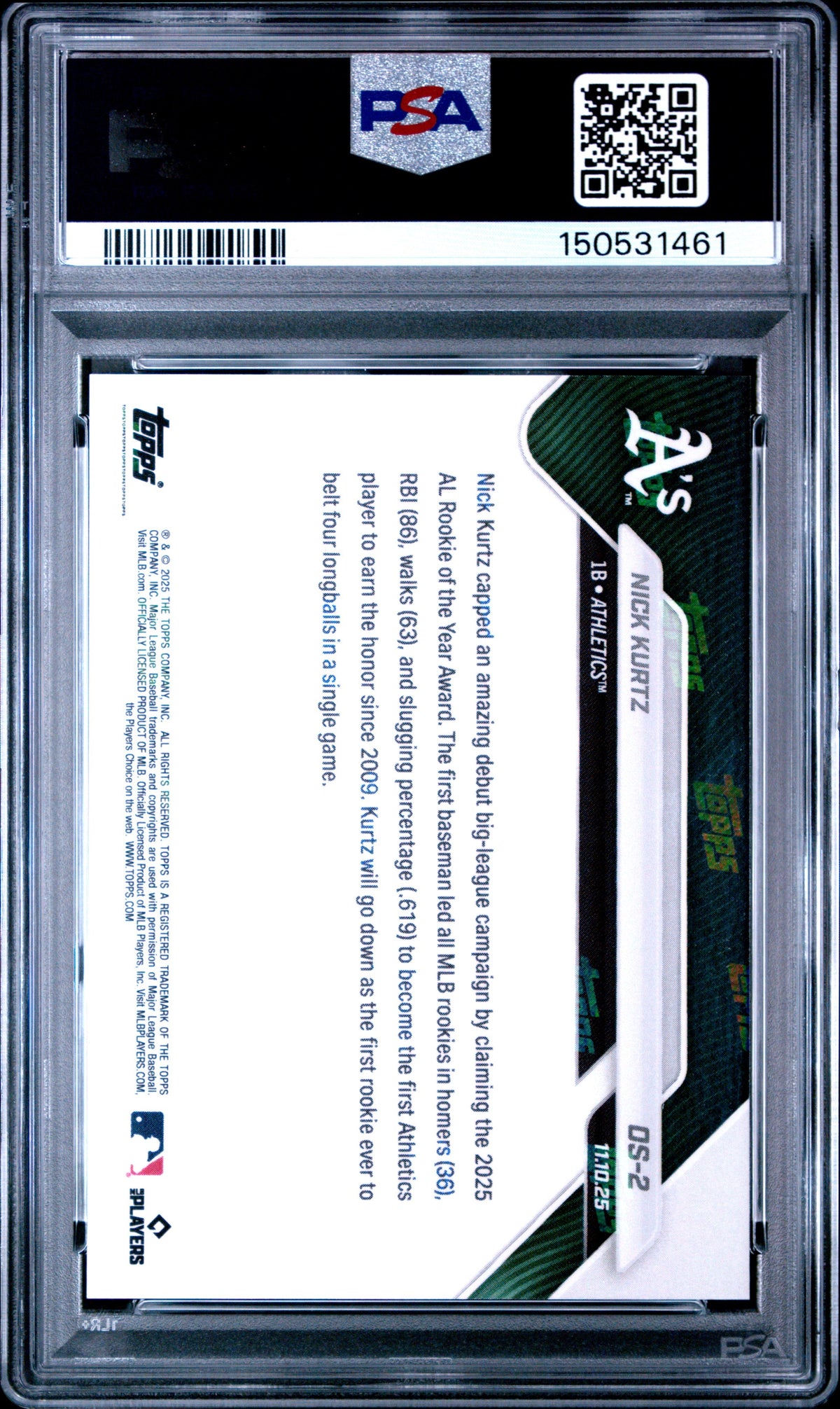 Graded 2025 Topps Now Nick Kurtz #OS2 Offseason Rookie RC Baseball Card PSA 8 Near Mint