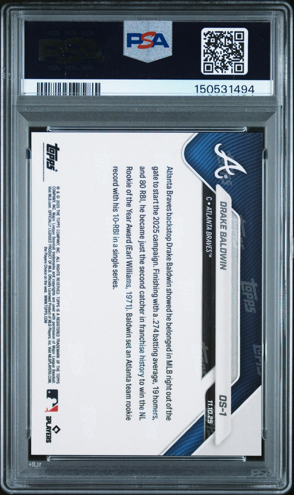 Graded 2025 Topps Now Drake Baldwin #OS1 Offseason Gold Foil /50 Rookie RC Baseball Card PSA 10 Gem Mint